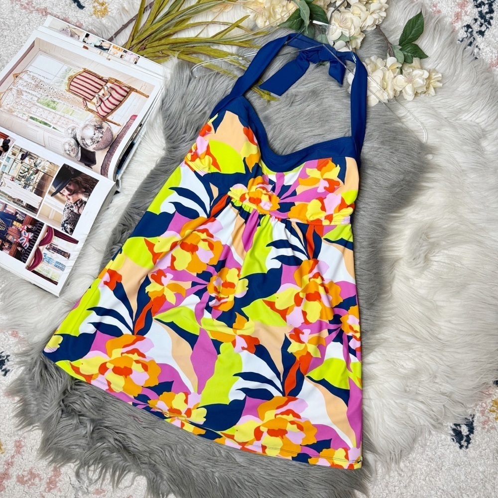 NEW Caribbean Joe Abstract Floral Women’s Halter One Piece Swimsuit Dress Sz 8